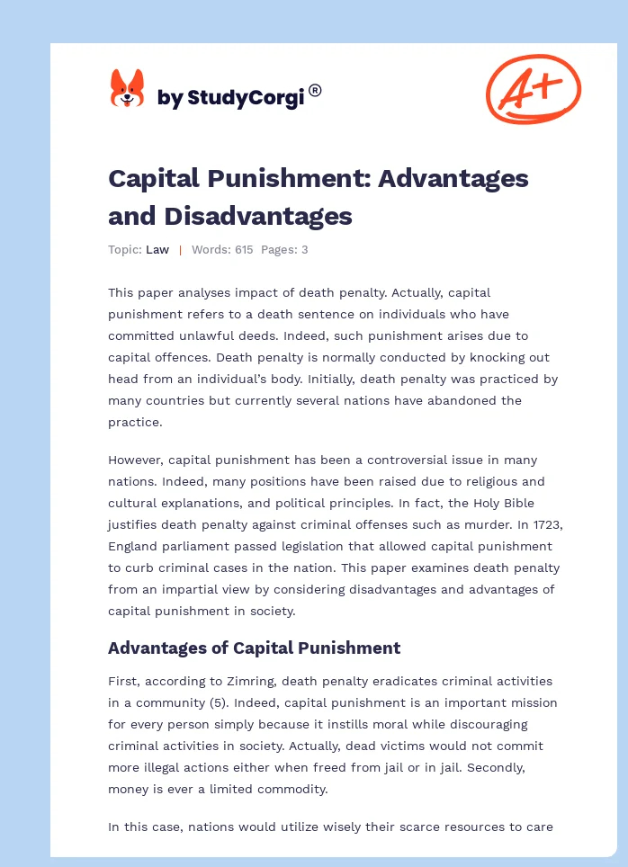 Capital Punishment: Advantages and Disadvantages. Page 1