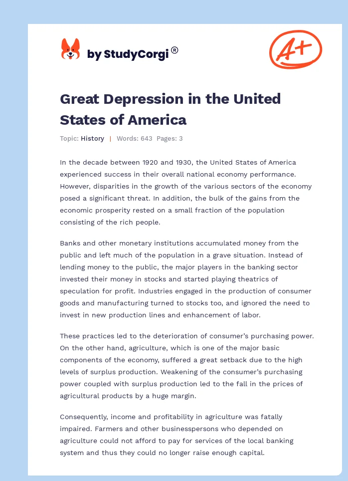 Great Depression in the United States of America. Page 1