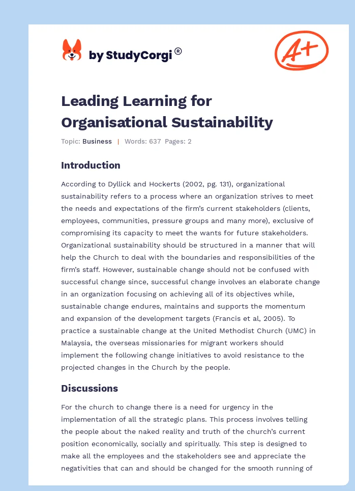 Leading Learning for Organisational Sustainability. Page 1