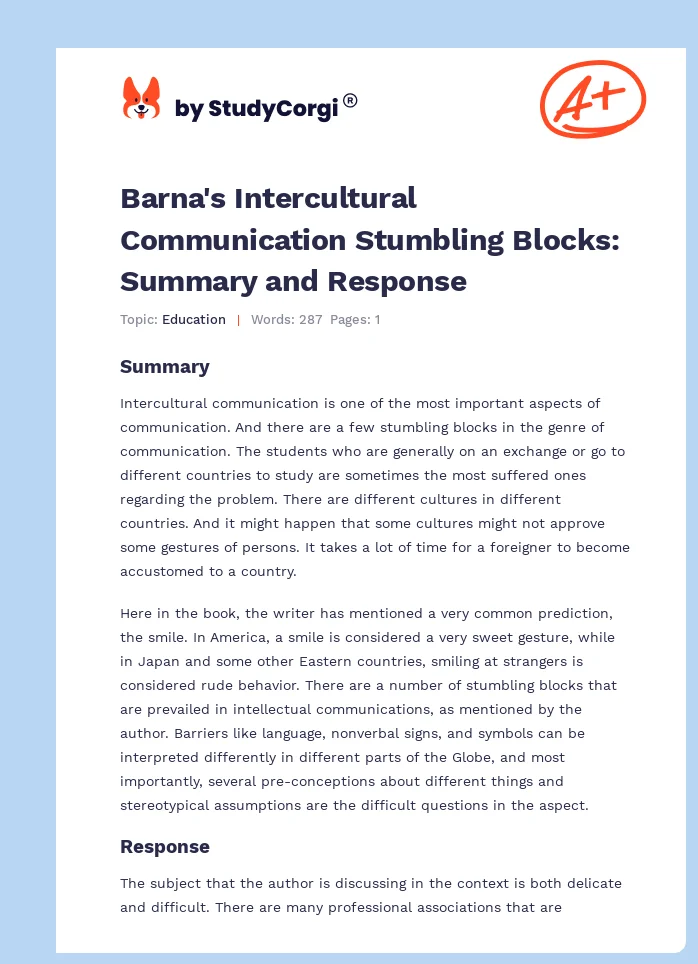 Barna's Intercultural Communication Stumbling Blocks: Summary and Response. Page 1