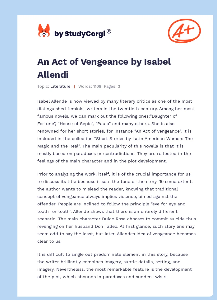An Act of Vengeance by Isabel Allendi. Page 1
