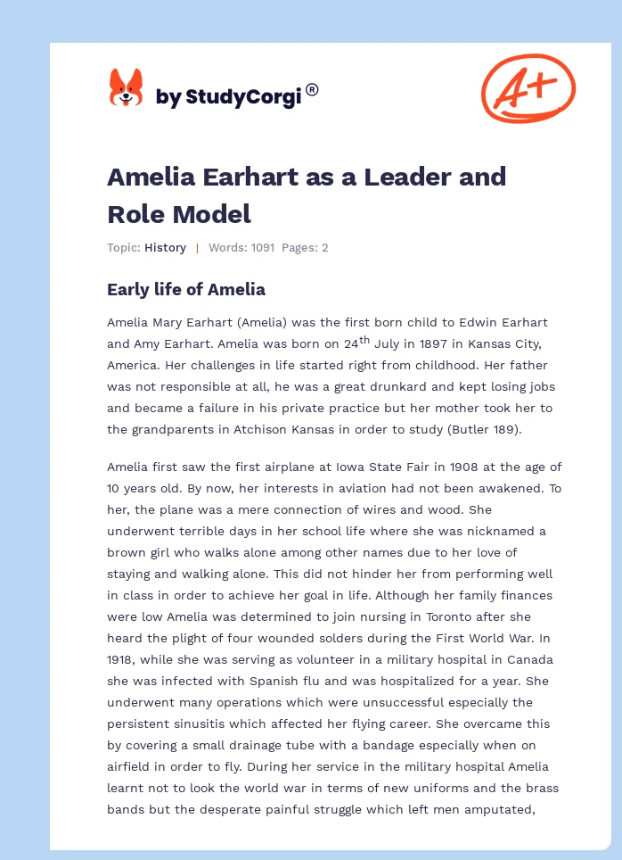 Amelia Earhart as a Leader and Role Model. Page 1