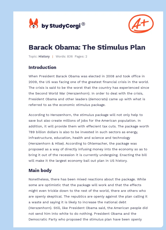 Barack Obama: The Stimulus Plan. Page 1