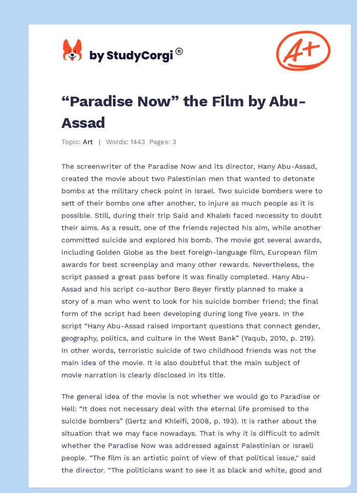 “Paradise Now” the Film by Abu-Assad. Page 1