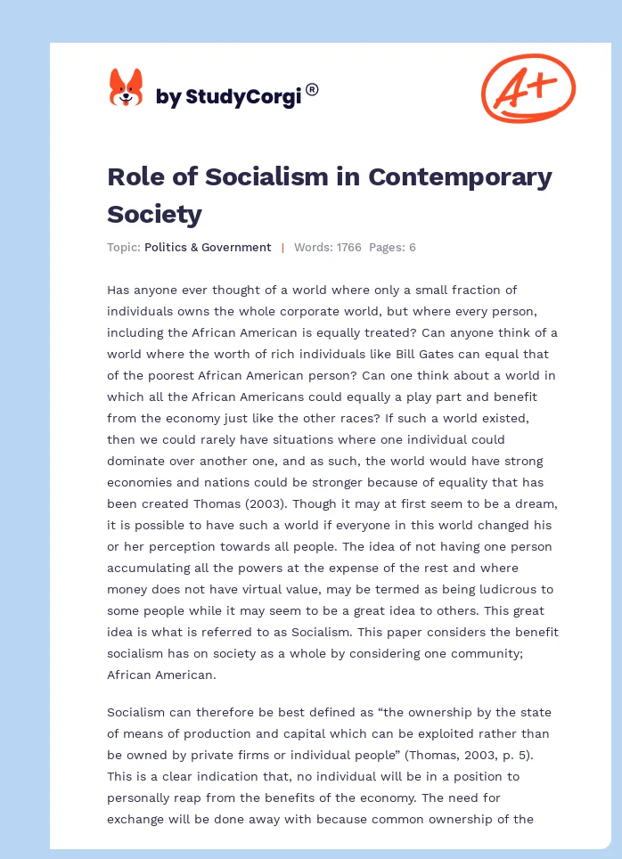 Role of Socialism in Contemporary Society. Page 1