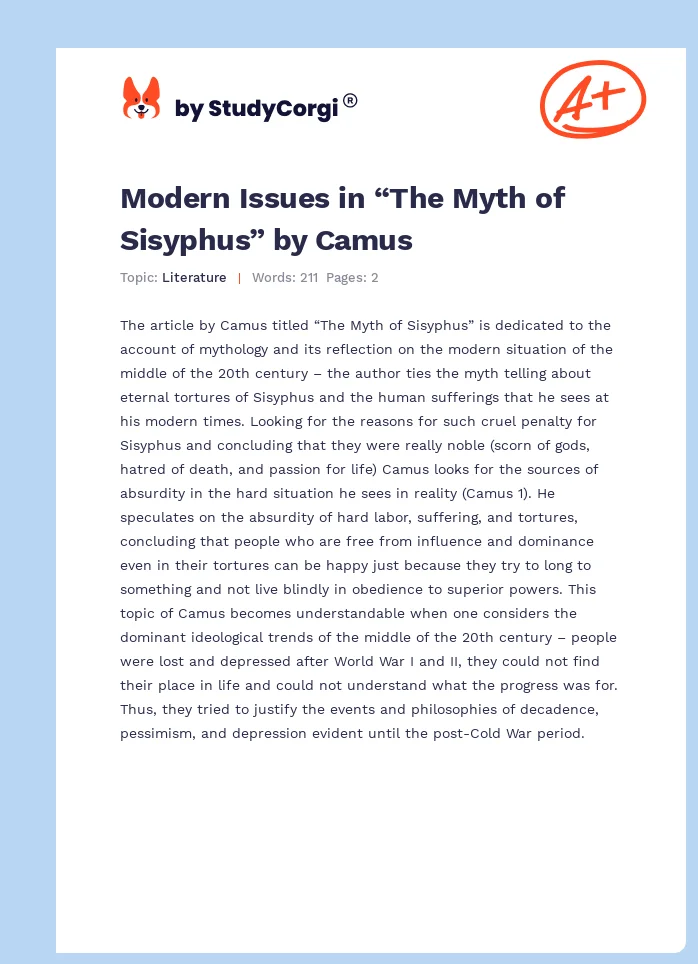 Modern Issues in “The Myth of Sisyphus” by Camus. Page 1