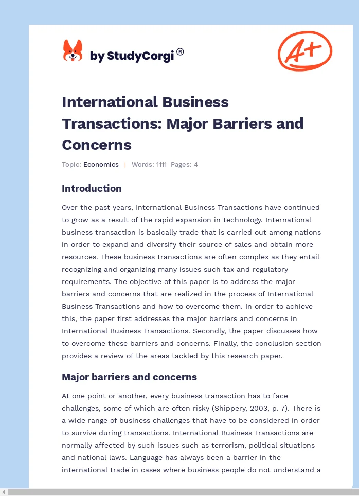 International Business Transactions: Major Barriers and Concerns. Page 1