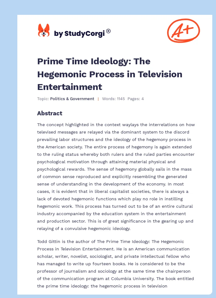 Prime Time Ideology: The Hegemonic Process in Television Entertainment. Page 1