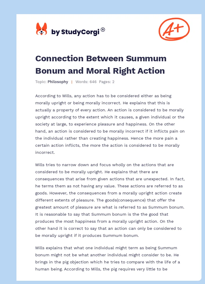 Connection Between Summum Bonum and Moral Right Action. Page 1