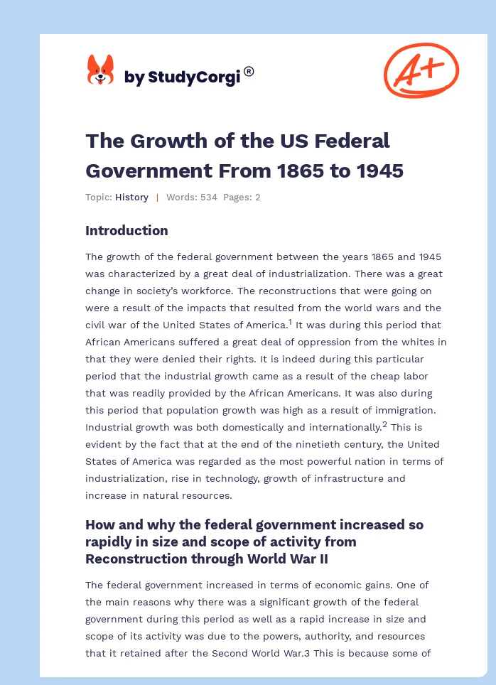 The Growth of the US Federal Government From 1865 to 1945. Page 1