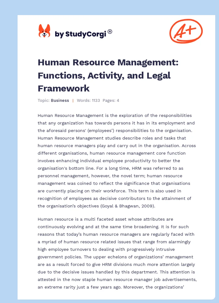 Human Resource Management: Functions, Activity, and Legal Framework. Page 1