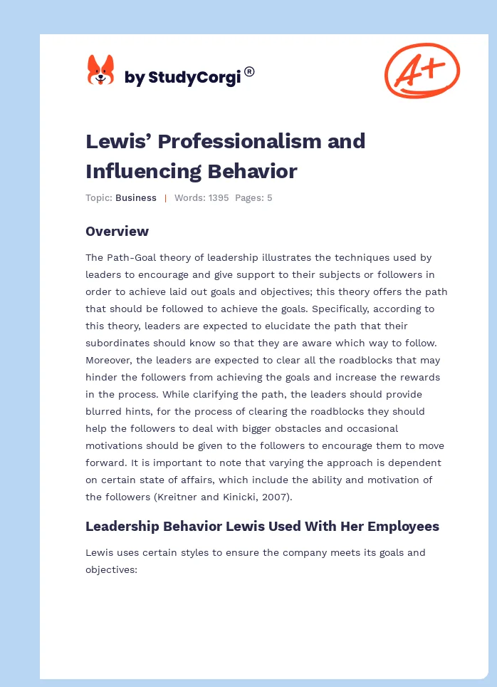 Lewis’ Professionalism and Influencing Behavior. Page 1