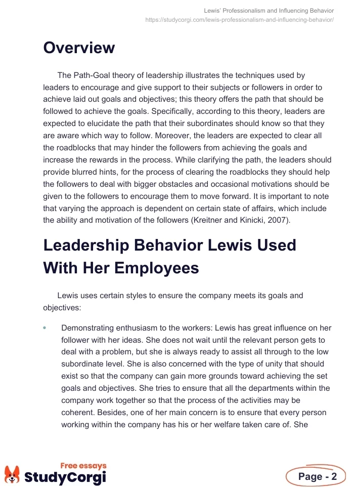 Lewis’ Professionalism and Influencing Behavior. Page 2