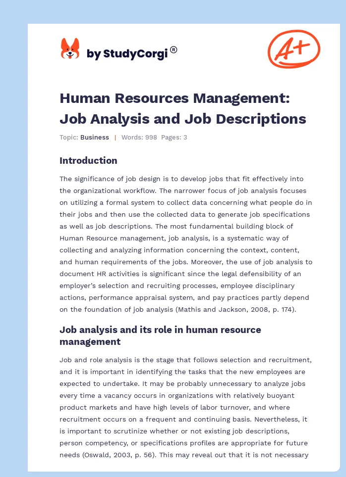Human Resources Management: Job Analysis and Job Descriptions. Page 1