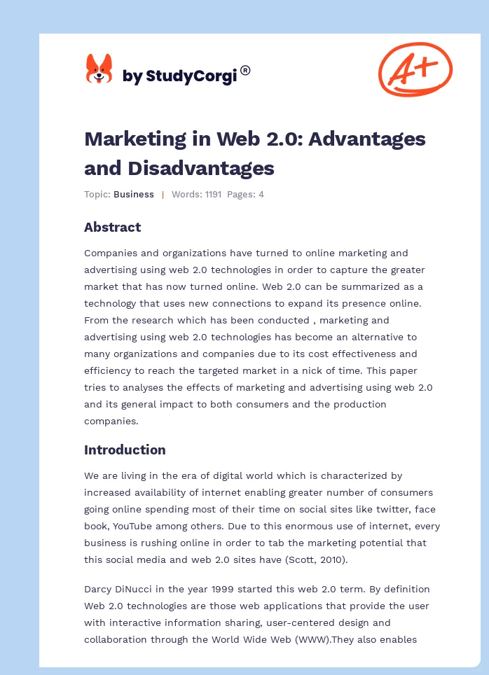 Marketing in Web 2.0: Advantages and Disadvantages. Page 1