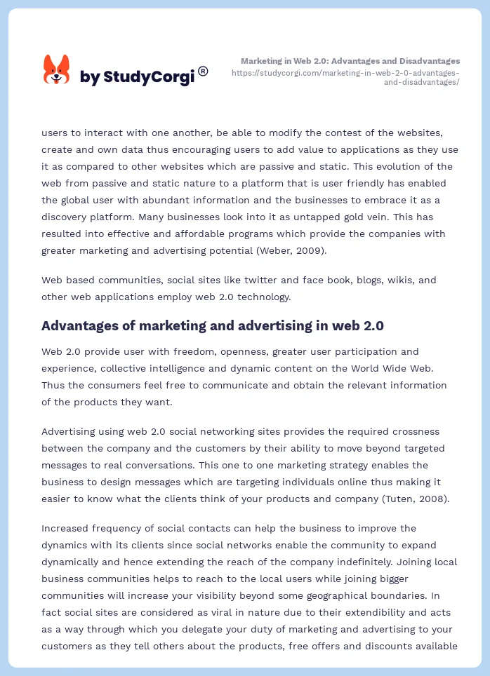 Marketing in Web 2.0: Advantages and Disadvantages. Page 2
