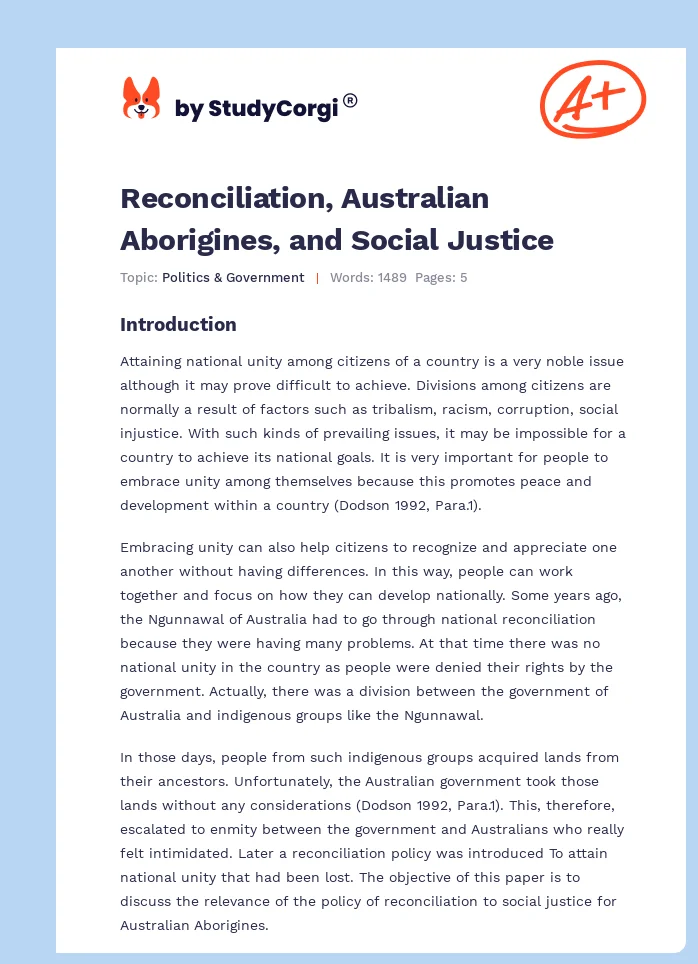 Reconciliation, Australian Aborigines, and Social Justice. Page 1