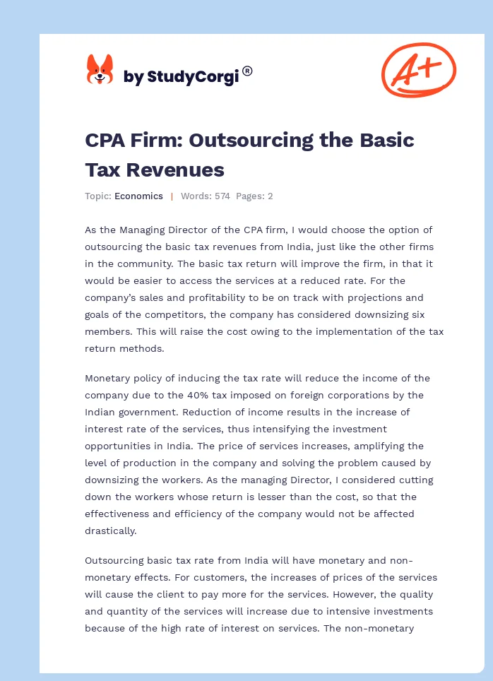 CPA Firm: Outsourcing the Basic Tax Revenues. Page 1
