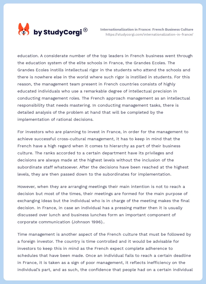 Internationalization in France: French Business Culture. Page 2