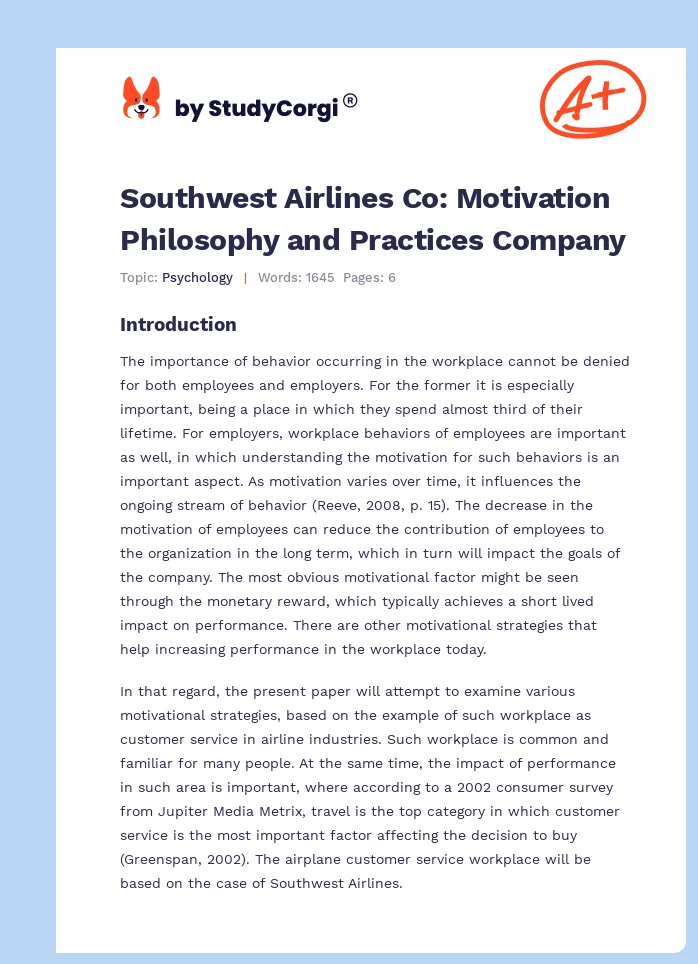 Southwest Airlines Co: Motivation Philosophy and Practices Company. Page 1