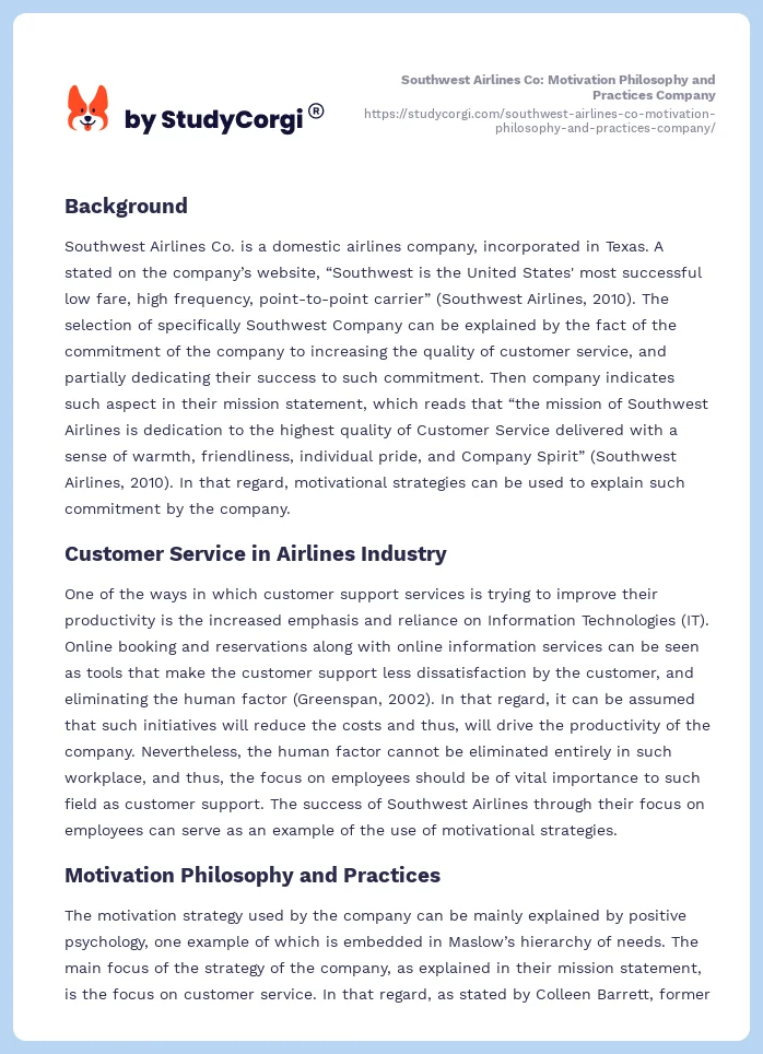 Southwest Airlines Co: Motivation Philosophy and Practices Company. Page 2