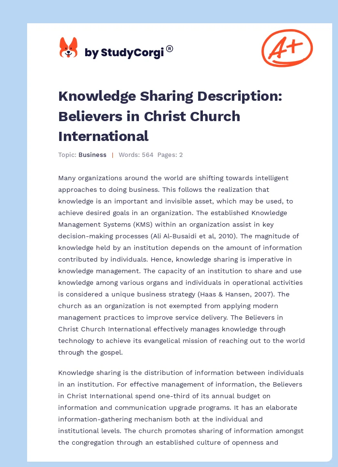 Knowledge Sharing Description: Believers in Christ Church International. Page 1