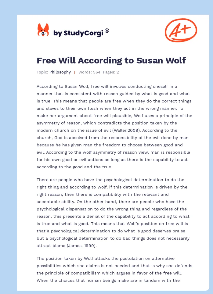 Free Will According to Susan Wolf. Page 1