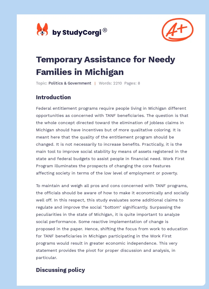 Temporary Assistance for Needy Families in Michigan. Page 1