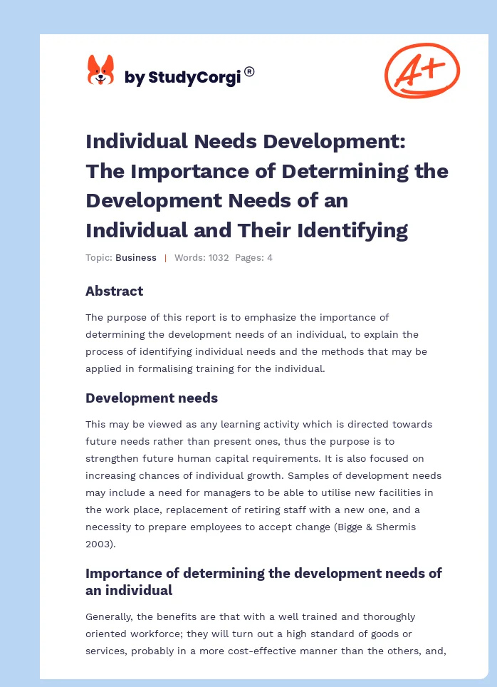 Individual Needs Development: The Importance of Determining the Development Needs of an Individual and Their Identifying. Page 1