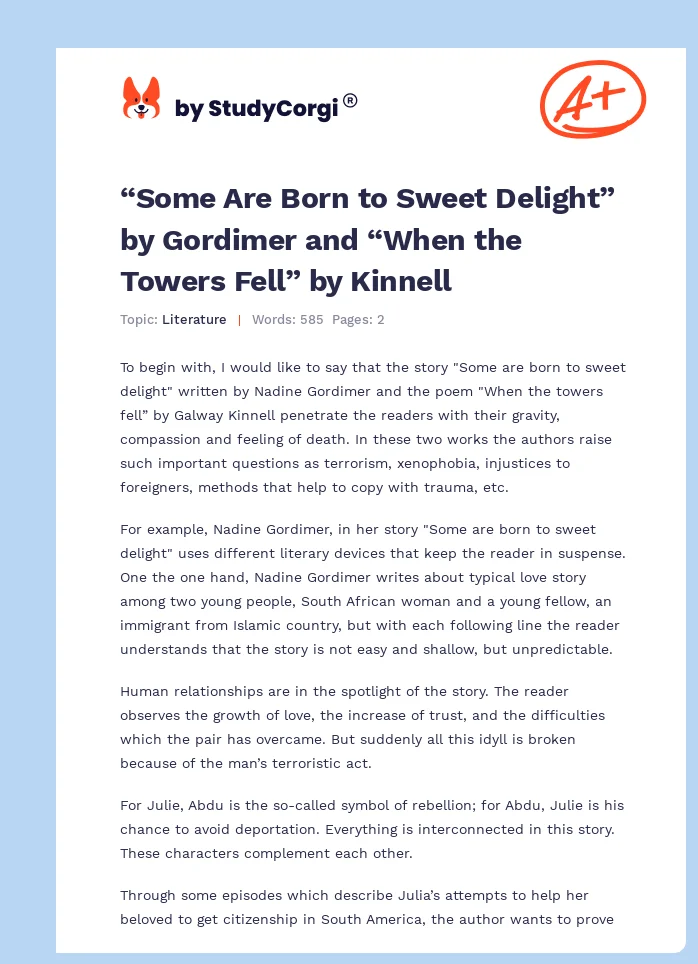 “Some Are Born to Sweet Delight” by Gordimer and “When the Towers Fell” by Kinnell. Page 1