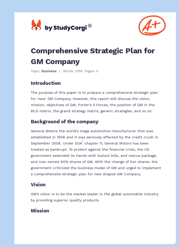 Comprehensive Strategic Plan for GM Company. Page 1