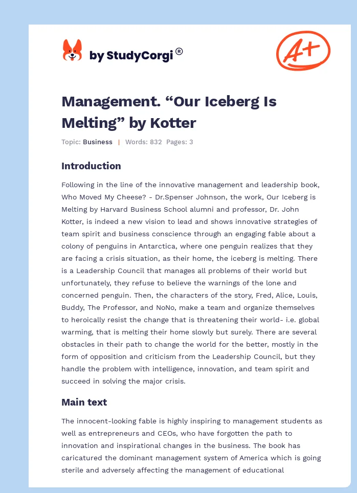 Management. “Our Iceberg Is Melting” by Kotter. Page 1