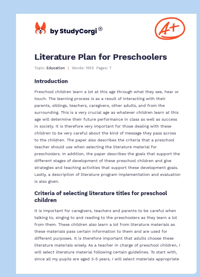 Literature Plan for Preschoolers. Page 1