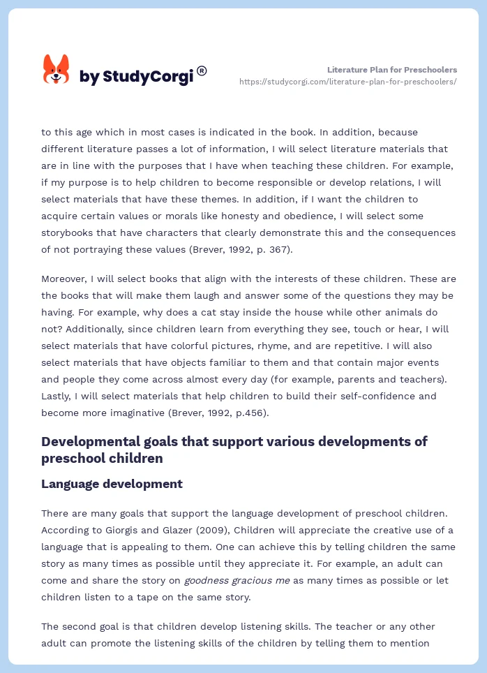 Literature Plan for Preschoolers. Page 2