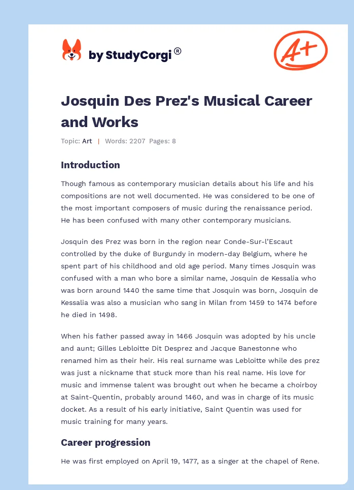 Josquin Des Prez's Musical Career and Works. Page 1