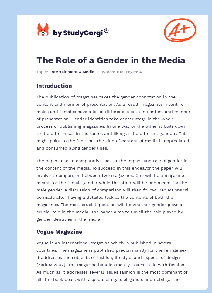 The Role of a Gender in the Media. Page 1