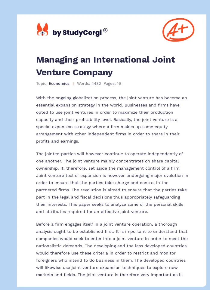 Managing an International Joint Venture Company. Page 1