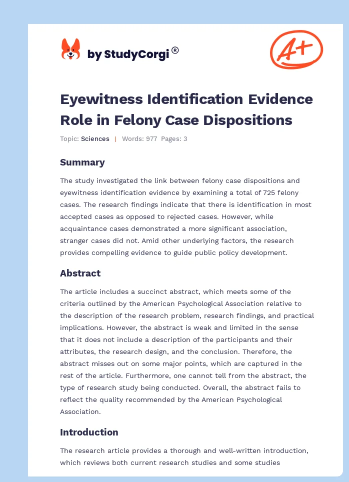 Eyewitness Identification Evidence Role in Felony Case Dispositions. Page 1