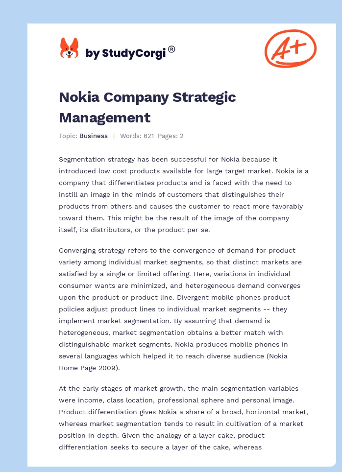 Nokia Company Strategic Management. Page 1