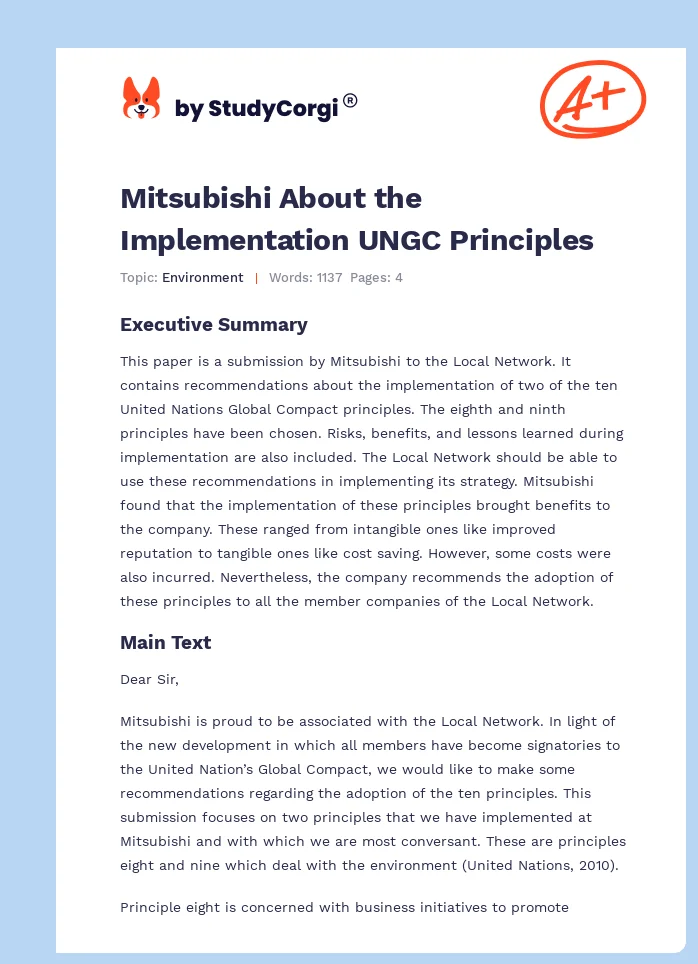 Mitsubishi About the Implementation UNGC Principles. Page 1