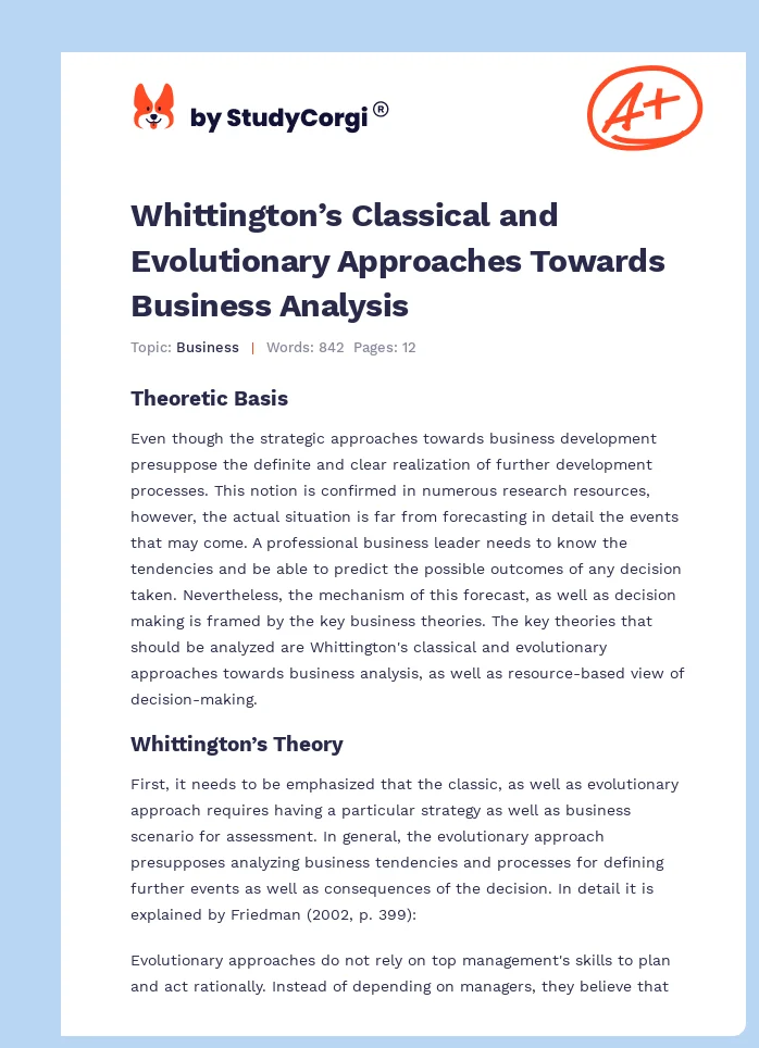 Whittington’s Classical and Evolutionary Approaches Towards Business Analysis. Page 1