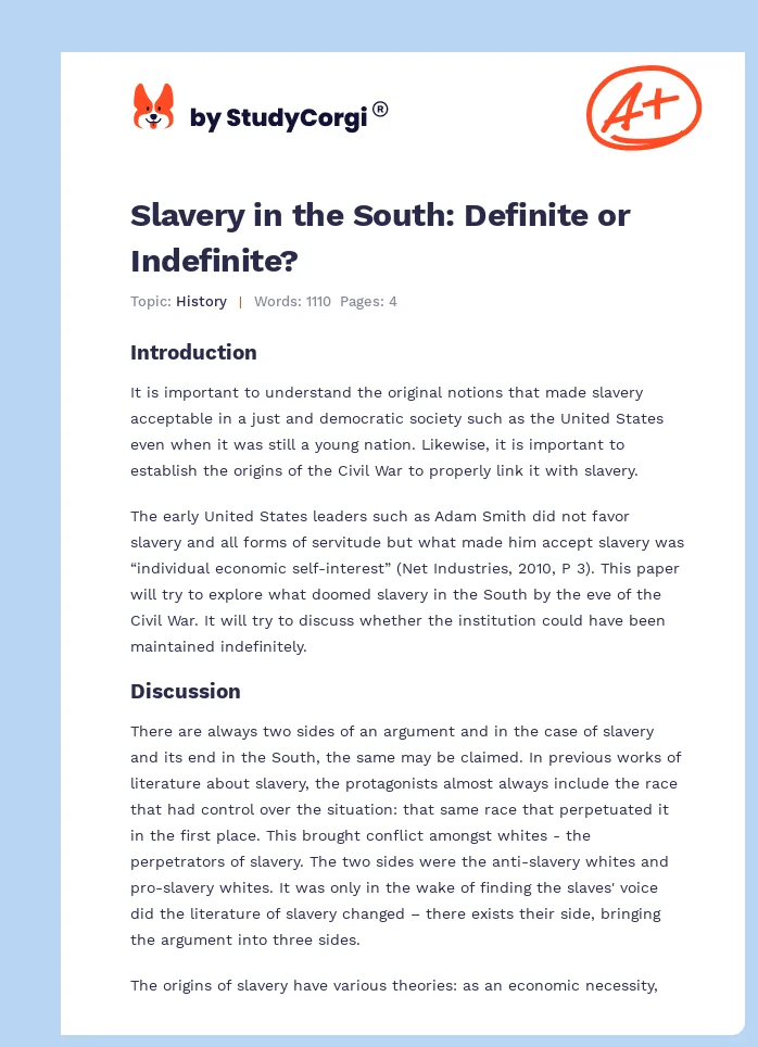 Slavery in the South: Definite or Indefinite?. Page 1
