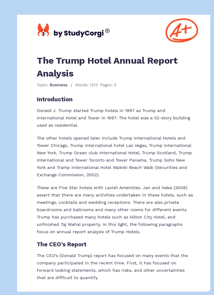 The Trump Hotel Annual Report Analysis. Page 1