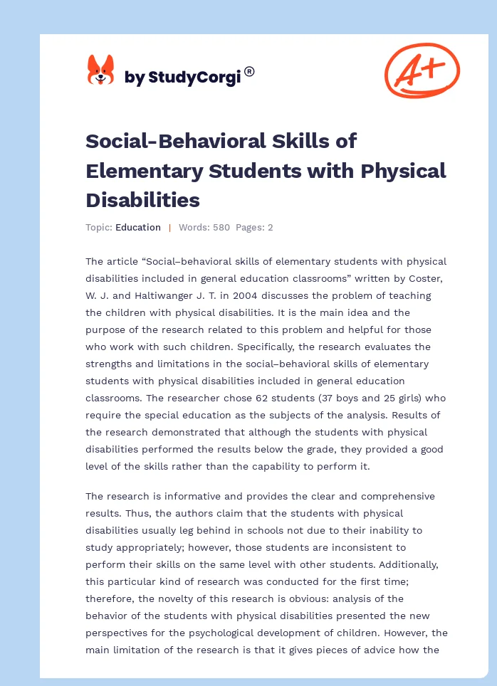 Social-Behavioral Skills of Elementary Students with Physical Disabilities. Page 1