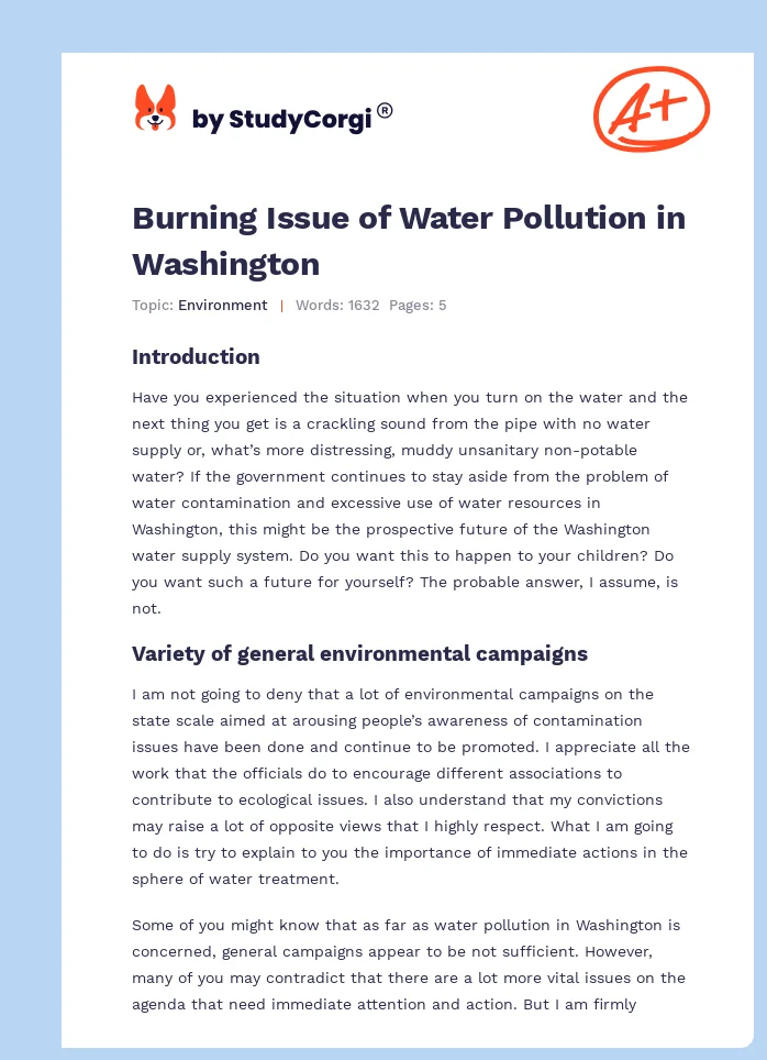 Burning Issue of Water Pollution in Washington. Page 1