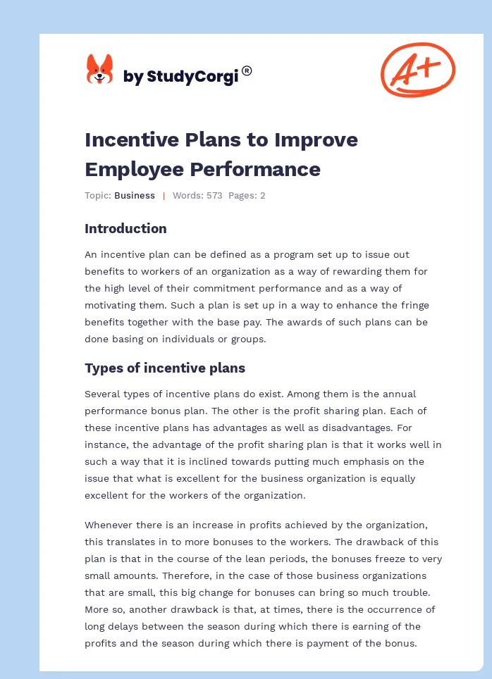 Incentive Plans to Improve Employee Performance. Page 1