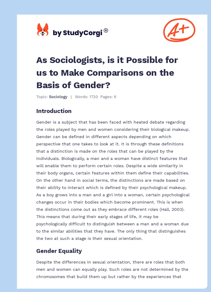As Sociologists, is it Possible for us to Make Comparisons on the Basis of Gender?. Page 1