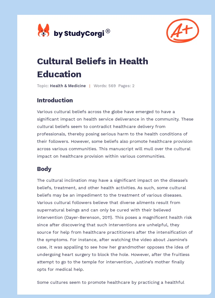Cultural Beliefs in Health Education. Page 1