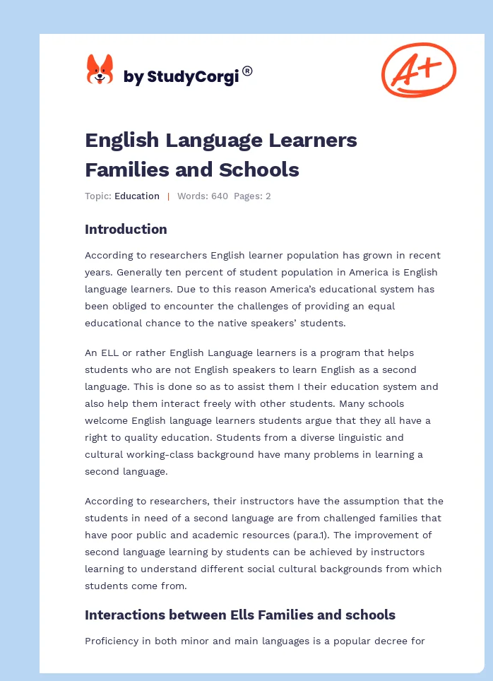 English Language Learners Families and Schools. Page 1