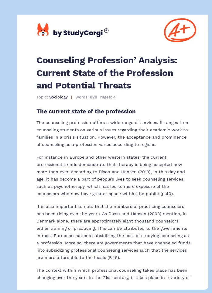 Counseling Profession’ Analysis: Current State of the Profession and Potential Threats. Page 1